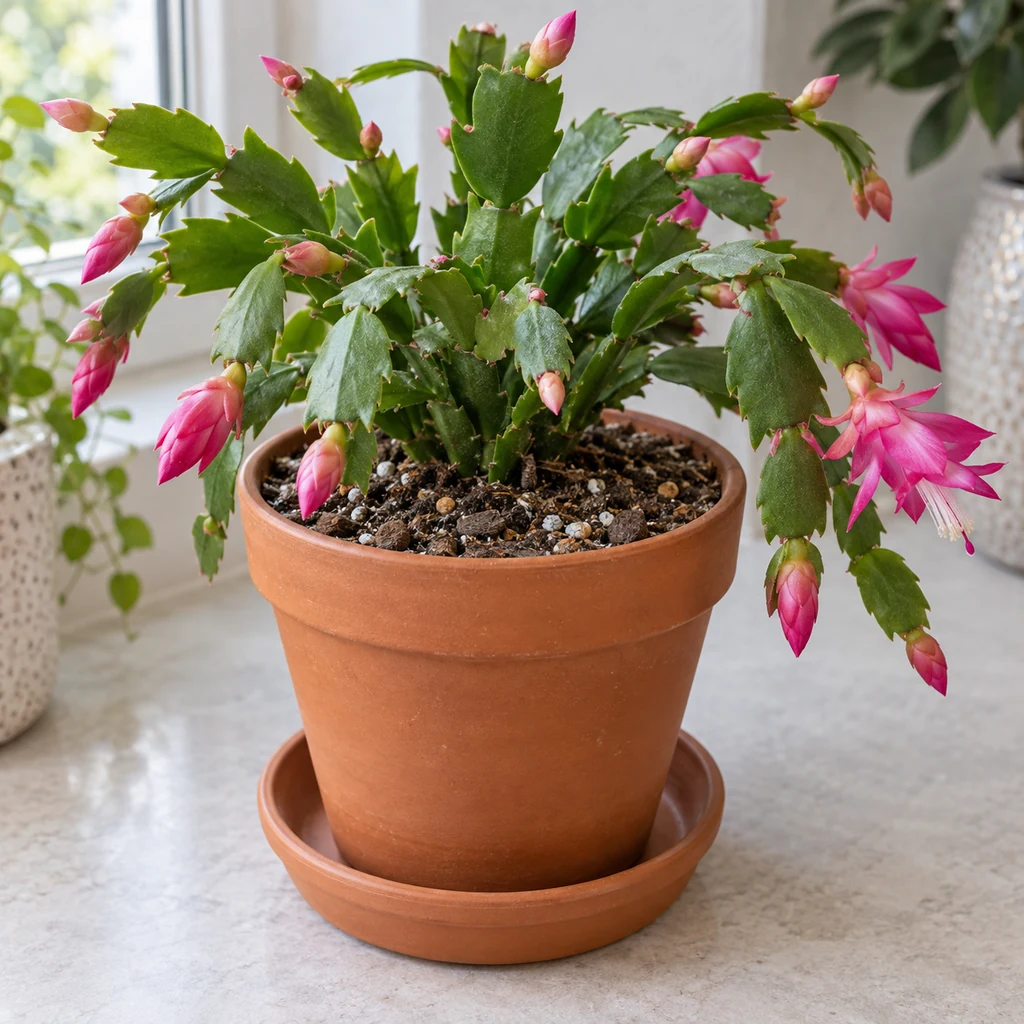 Holiday cactus in well drained potting mix with an empty saucer
