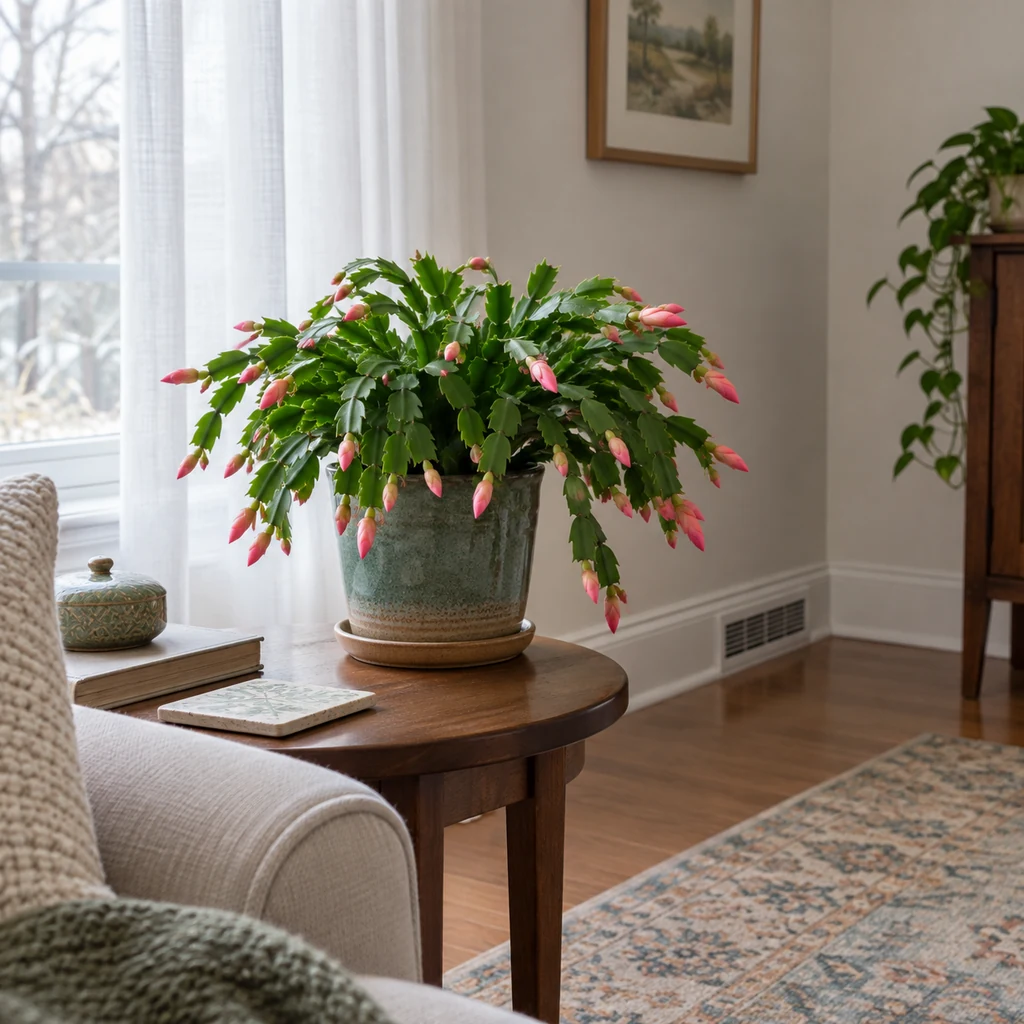 Budded holiday cactus in a stable spot near filtered window light