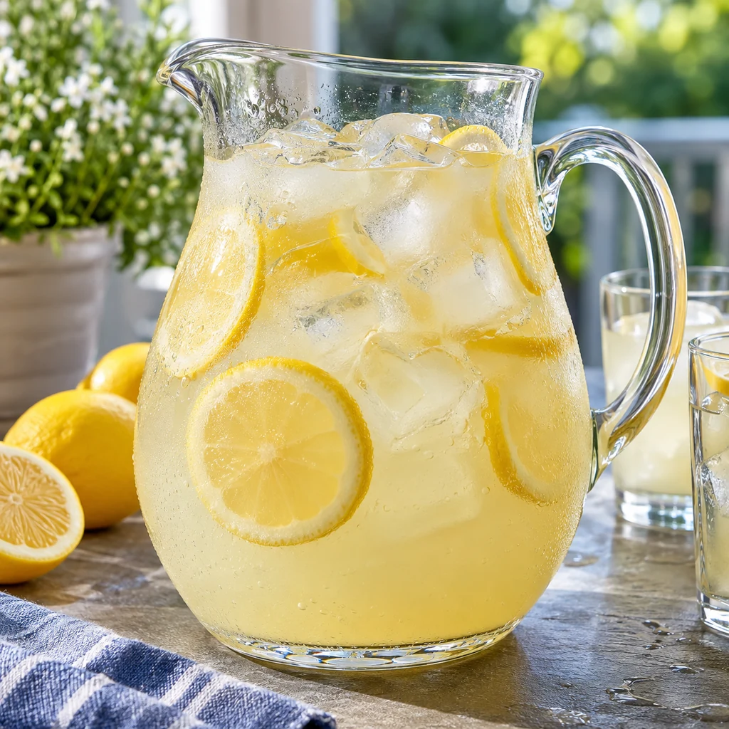 Homemade lemonade chilling with ice and lemon slices in a pitcher