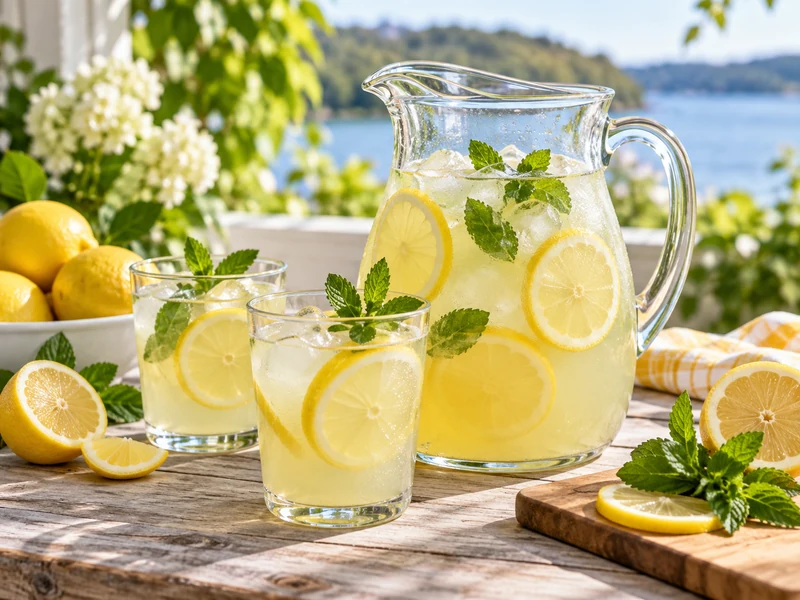 Pitcher and glasses of homemade lemonade with lemons and mint