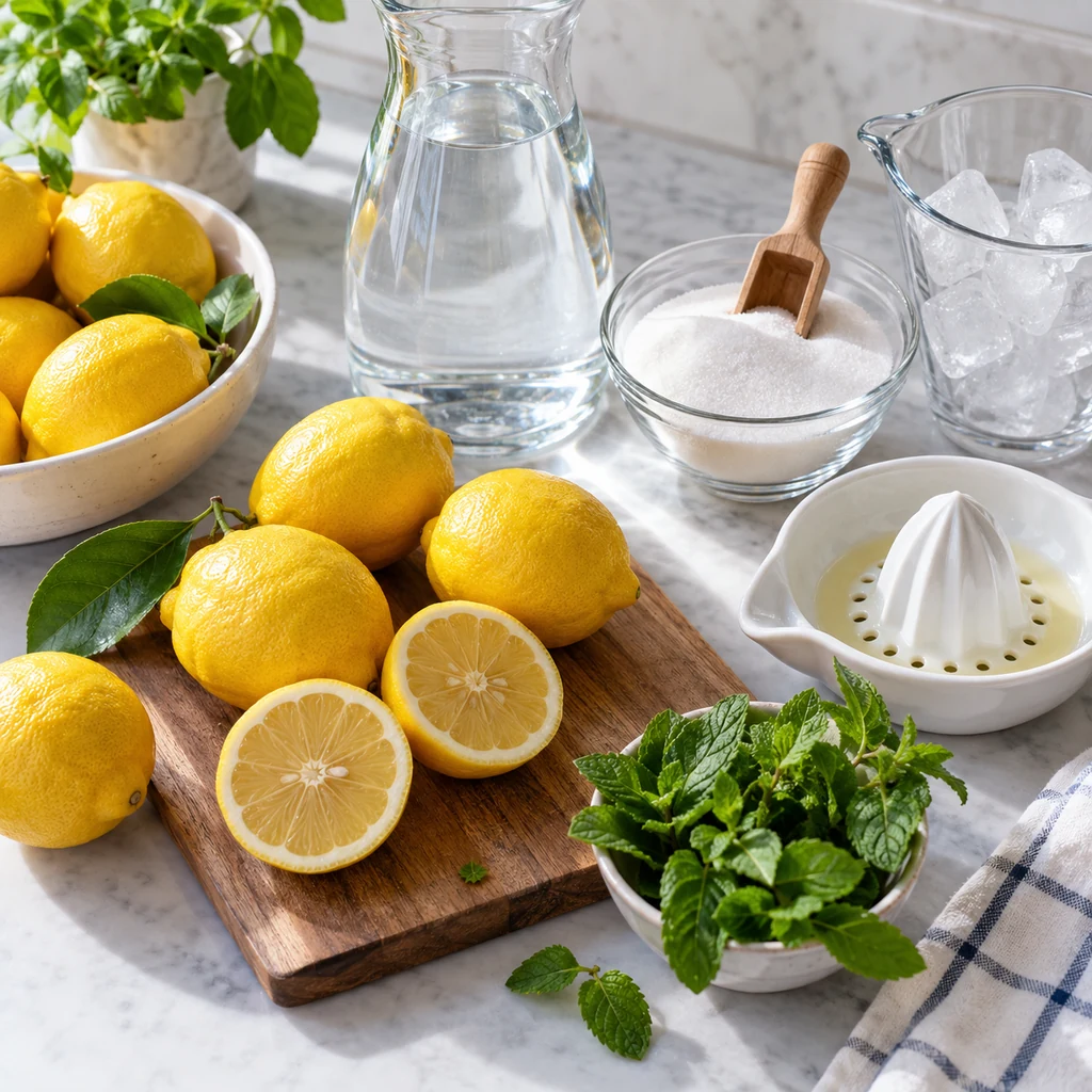 Fresh lemons sugar water ice and mint for homemade lemonade
