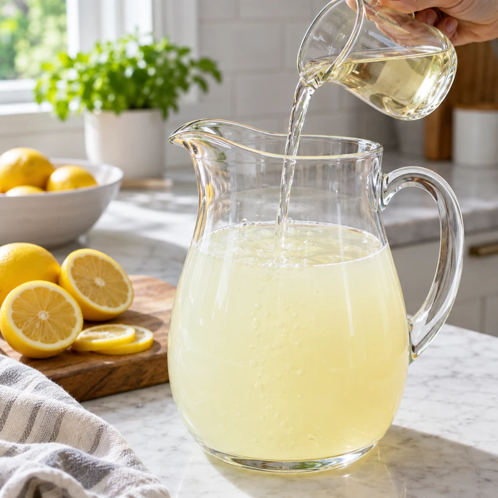 Lemon juice and syrup being mixed in a glass pitcher