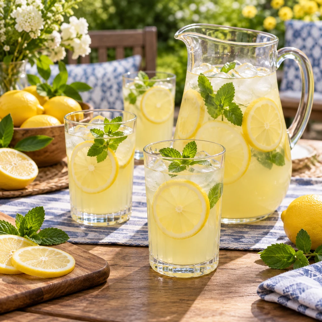 Finished homemade lemonade served in glasses with lemon slices and mint