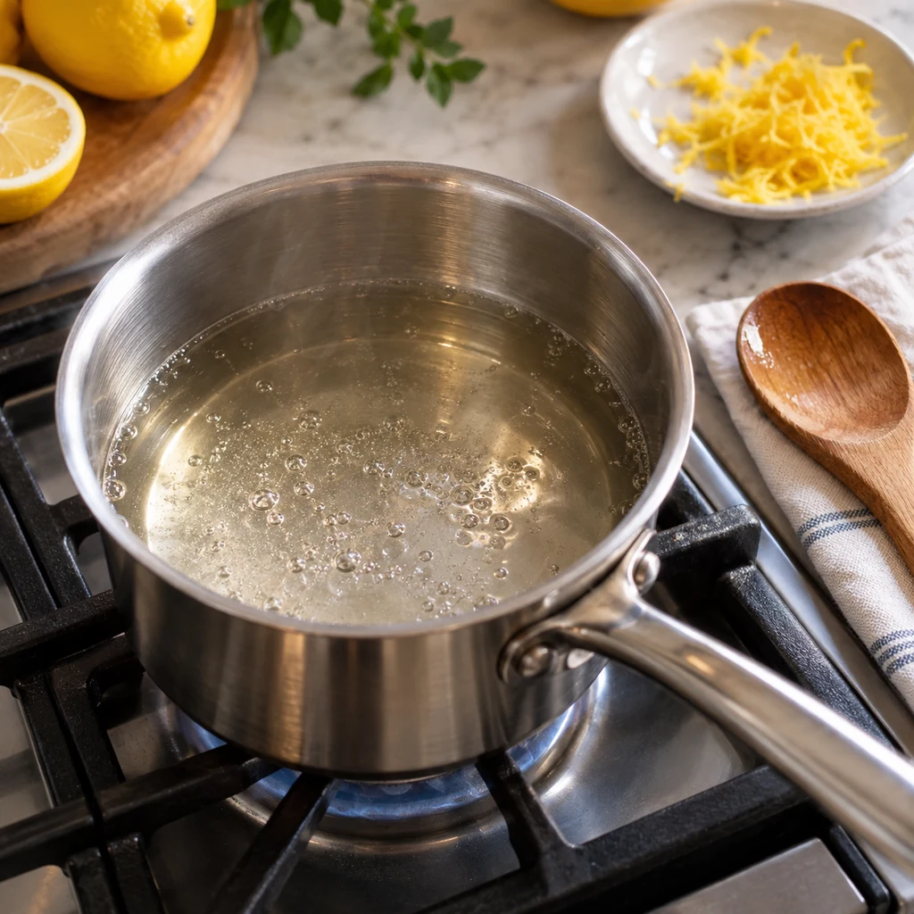 Simple syrup simmering in a saucepan for homemade lemonade
