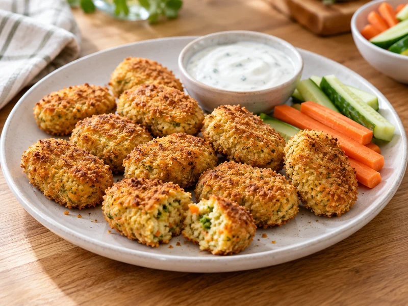 Golden homemade veggie nuggets with yogurt dip and vegetable sticks.