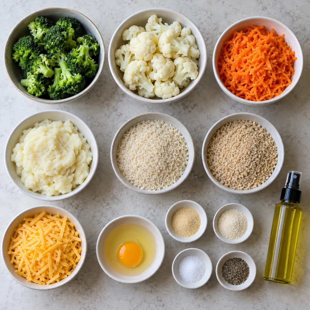 Ingredients for homemade veggie nuggets including broccoli, cauliflower, carrot, potato, breadcrumbs, cheddar, egg, seasonings, and olive oil spray