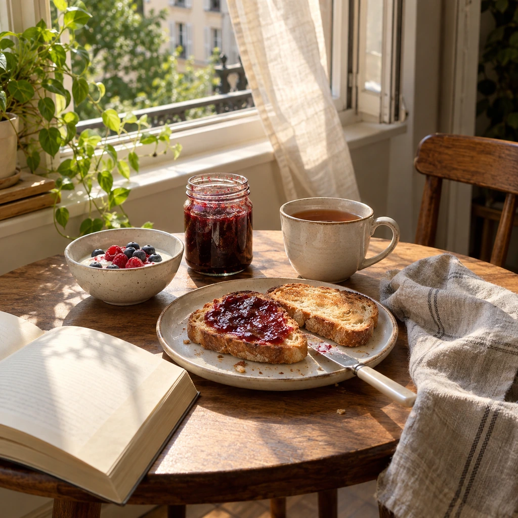 Quiet summer breakfast with berry jam toast yogurt and tea