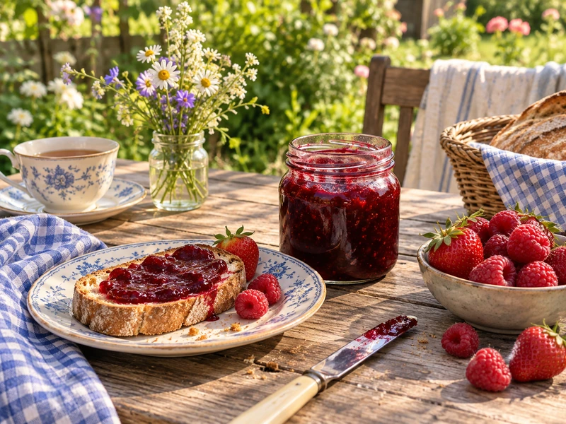 Berry jam toast and flowers on a relaxed summer garden table