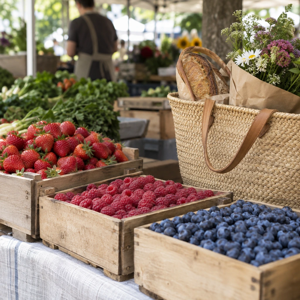 Seasonal berries bread and flowers at a neighborhood farmers market