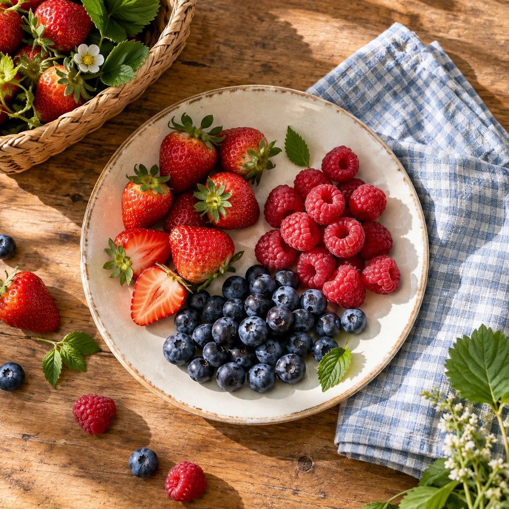 Strawberries raspberries blueberries and blue gingham on a summer table