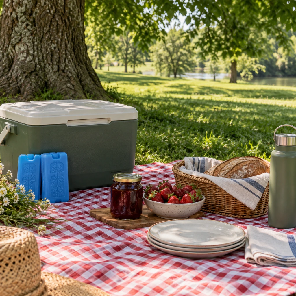 Shaded picnic with cooler ice packs sealed jam bread and whole fruit