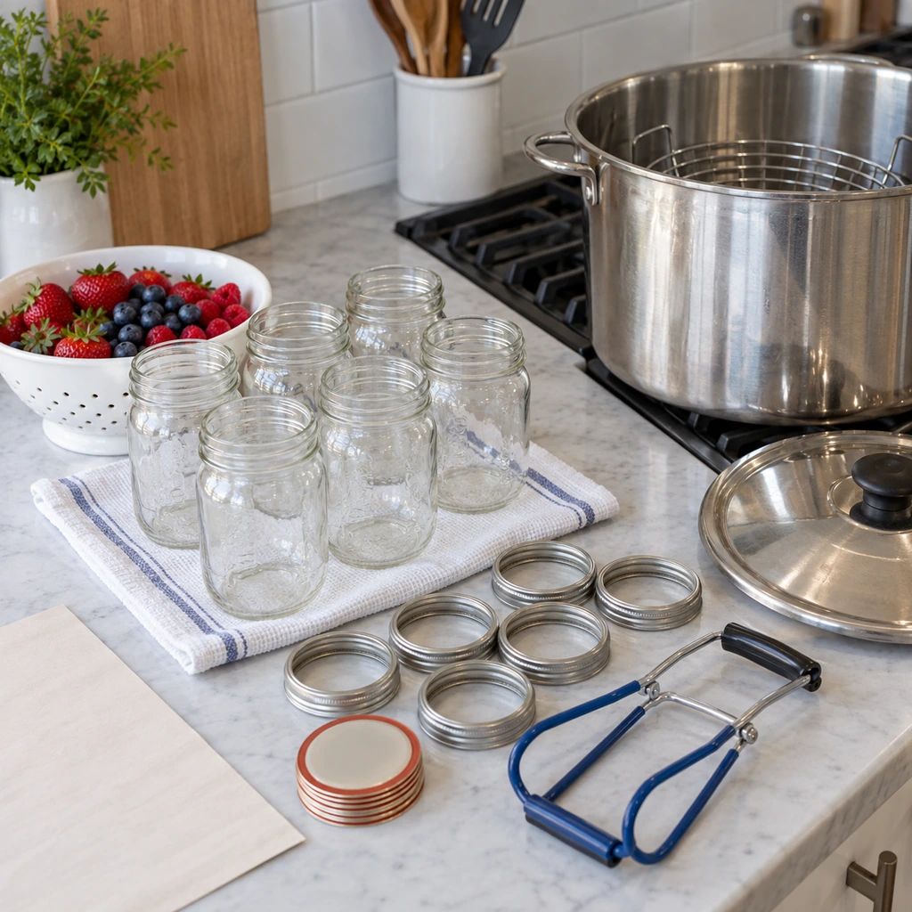 Clean jars boiling-water canner lids and jar lifter ready for preserving