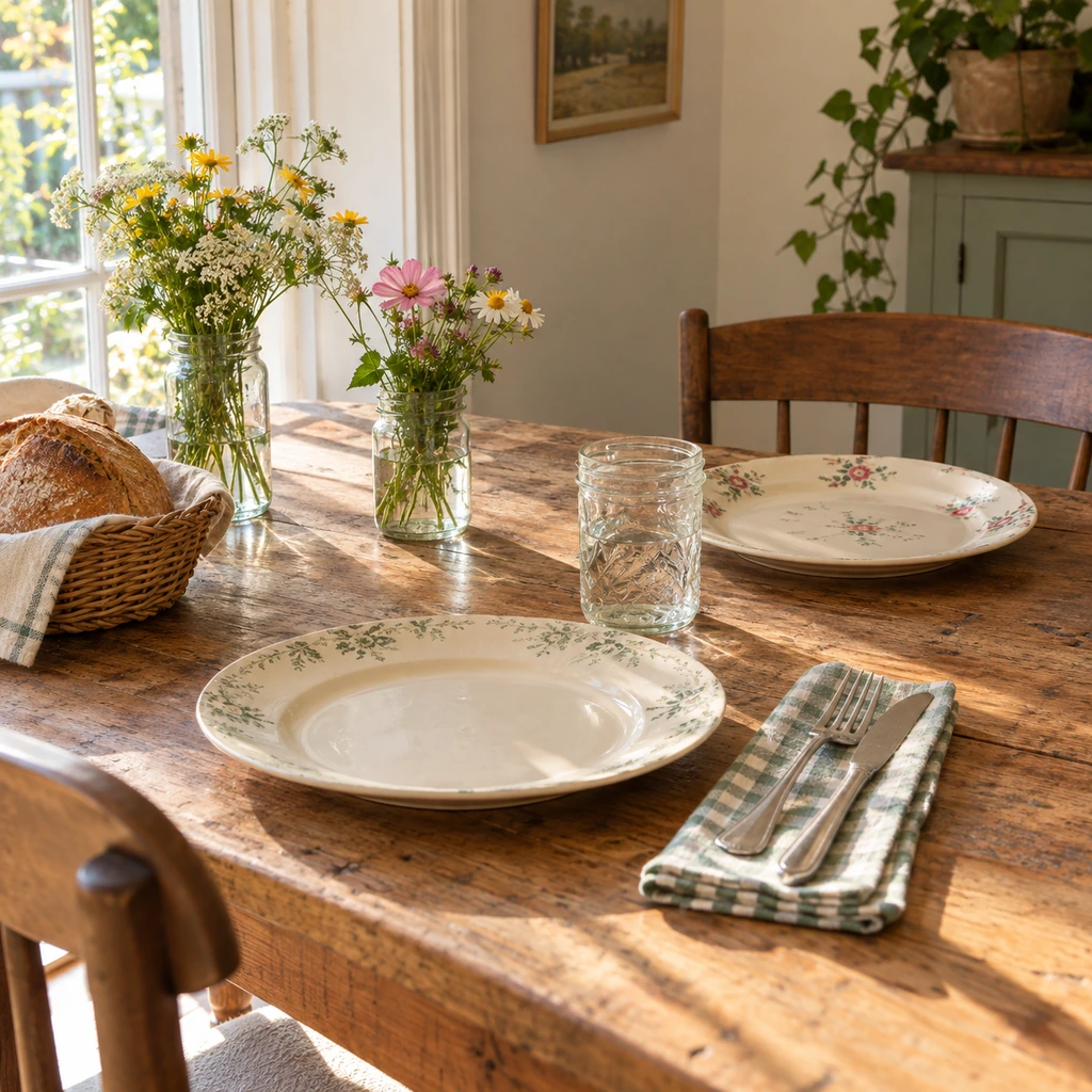 Restrained vintage-inspired summer table with floral plates and jar vases