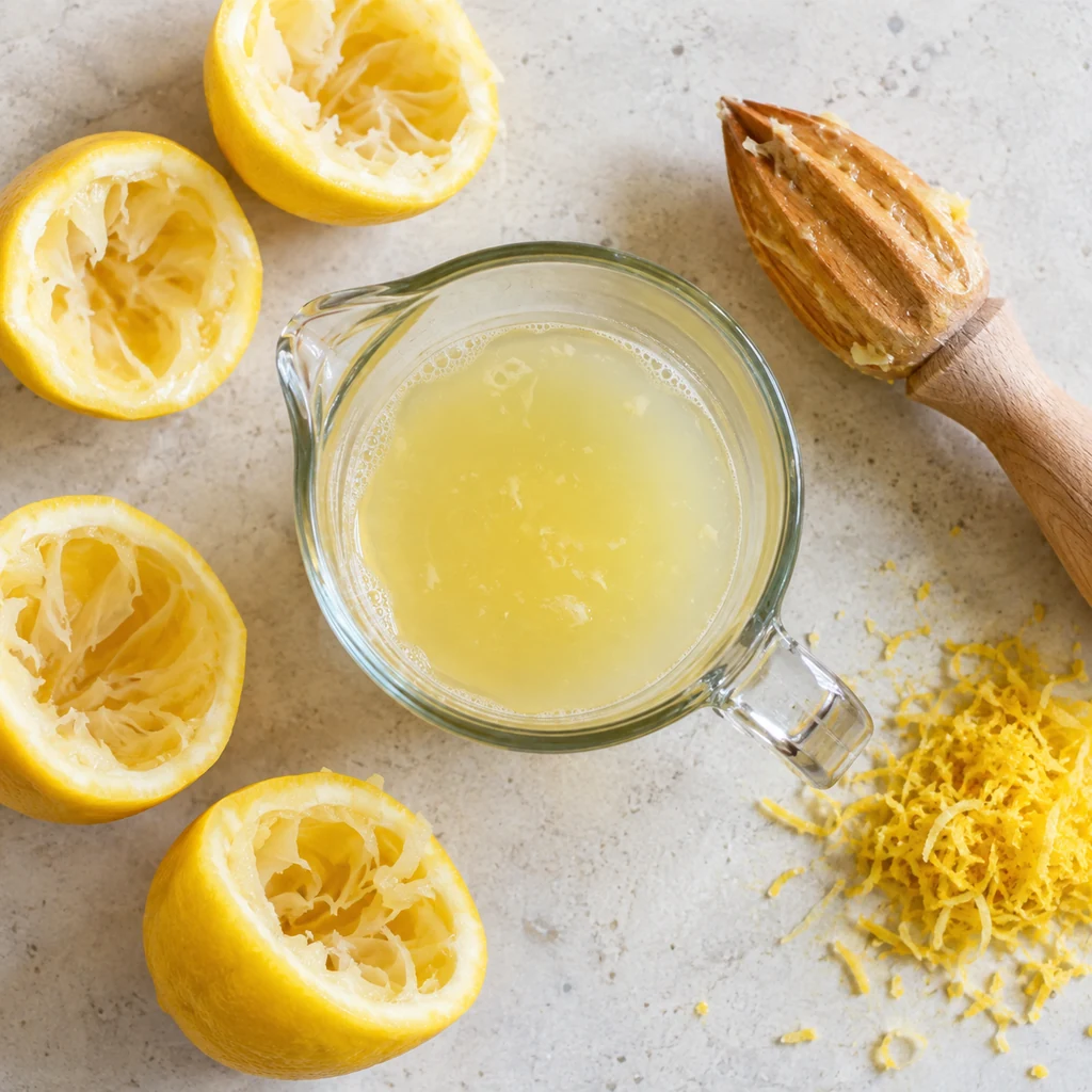 Fresh lemon juice in a measuring jug with squeezed lemon halves and lemon zest