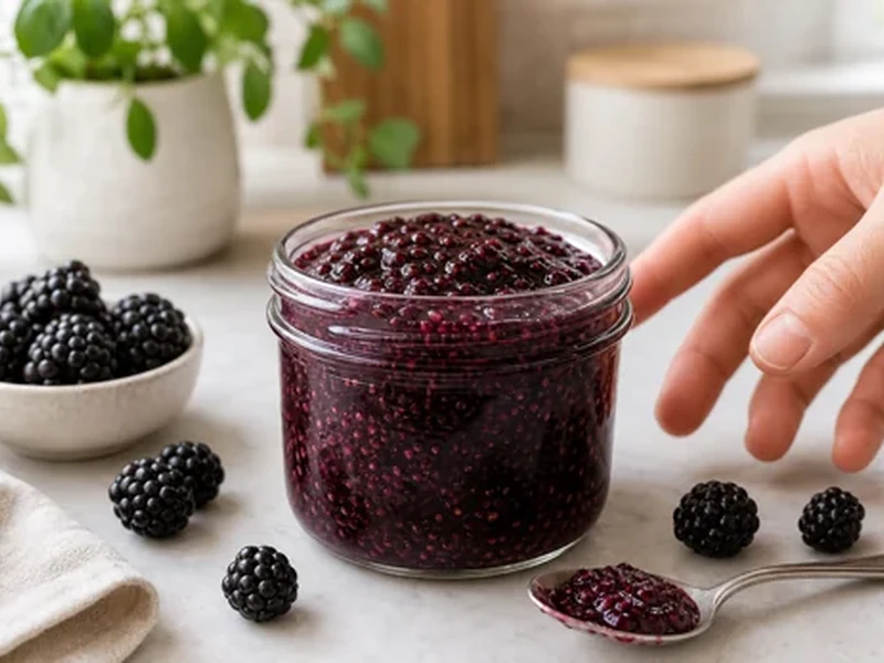 3-ingredient keto blackberry chia jam in a glass jar with fresh blackberries