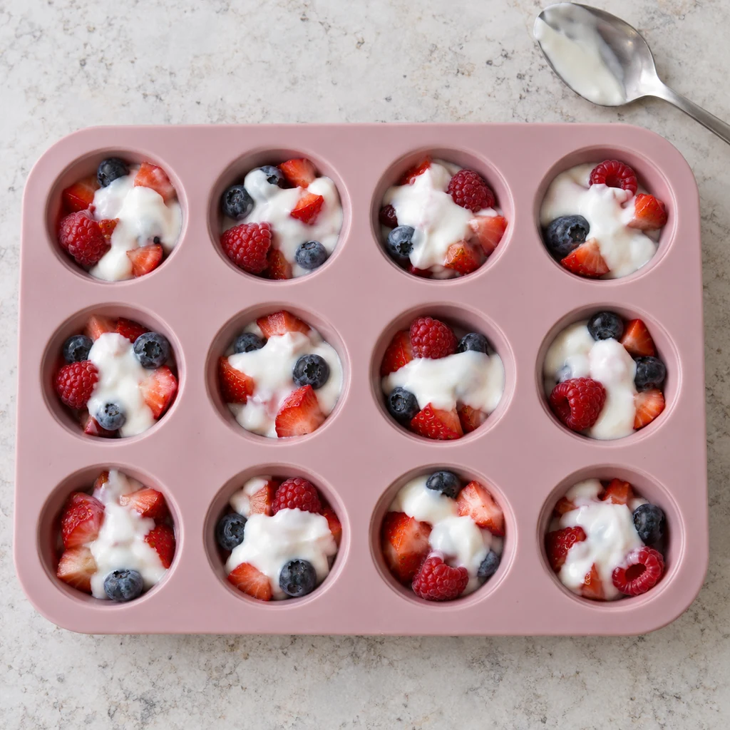 Twelve silicone mini muffin cavities filled with mixed berries and thick yogurt