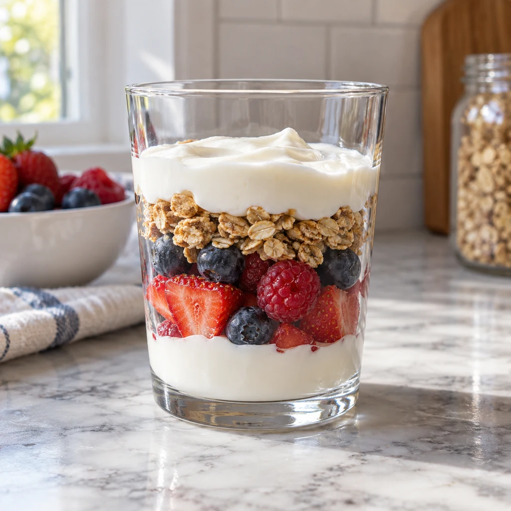 Partially assembled glass with yogurt, mixed berries, granola, and another yogurt layer