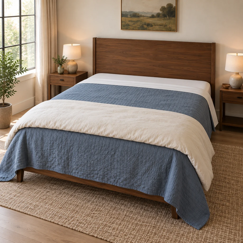 Queen bed showing sheets blue coverlet and folded cream duvet before pillows
