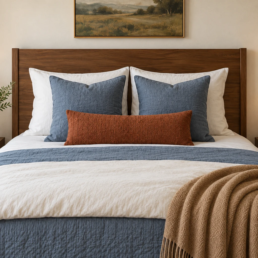 Five-pillow queen bed arrangement with two sleeping pillows two Euros and one lumbar