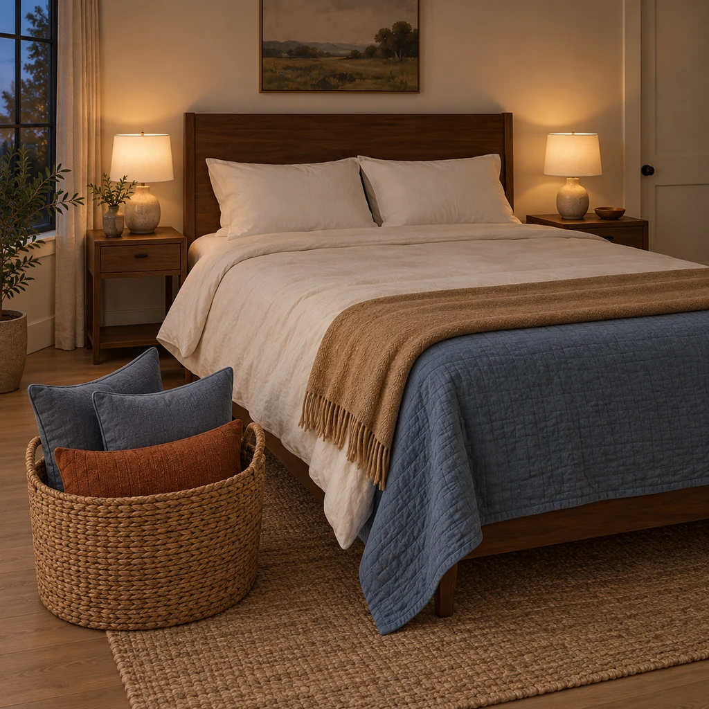 Three decorative bed pillows stored in a woven basket for the night