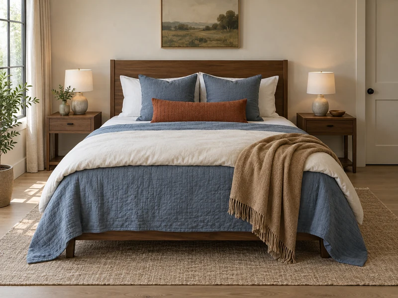 Layered queen bed styled with exactly five pillows in blue cream and rust