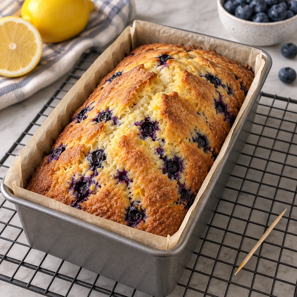 Golden lemon blueberry loaf cooling in a parchment-lined metal pan on a wire rack
