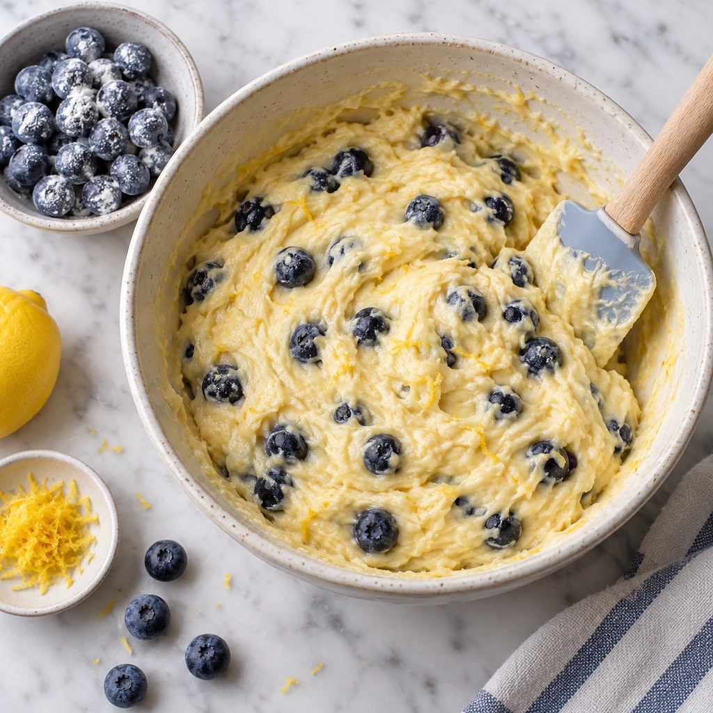 Fresh blueberries being gently folded into thick lemon batter with a flexible spatula