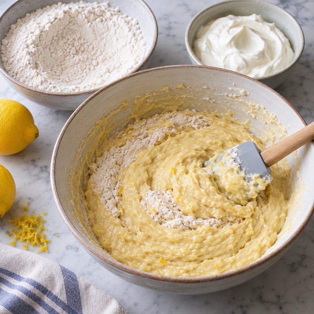 Lemon batter being gently combined with dry ingredients and sour cream using a spatula