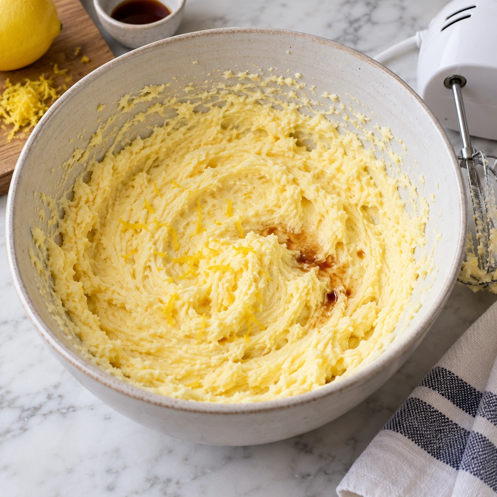Pale creamed butter and sugar mixed with eggs, lemon zest, and vanilla in a ceramic bowl