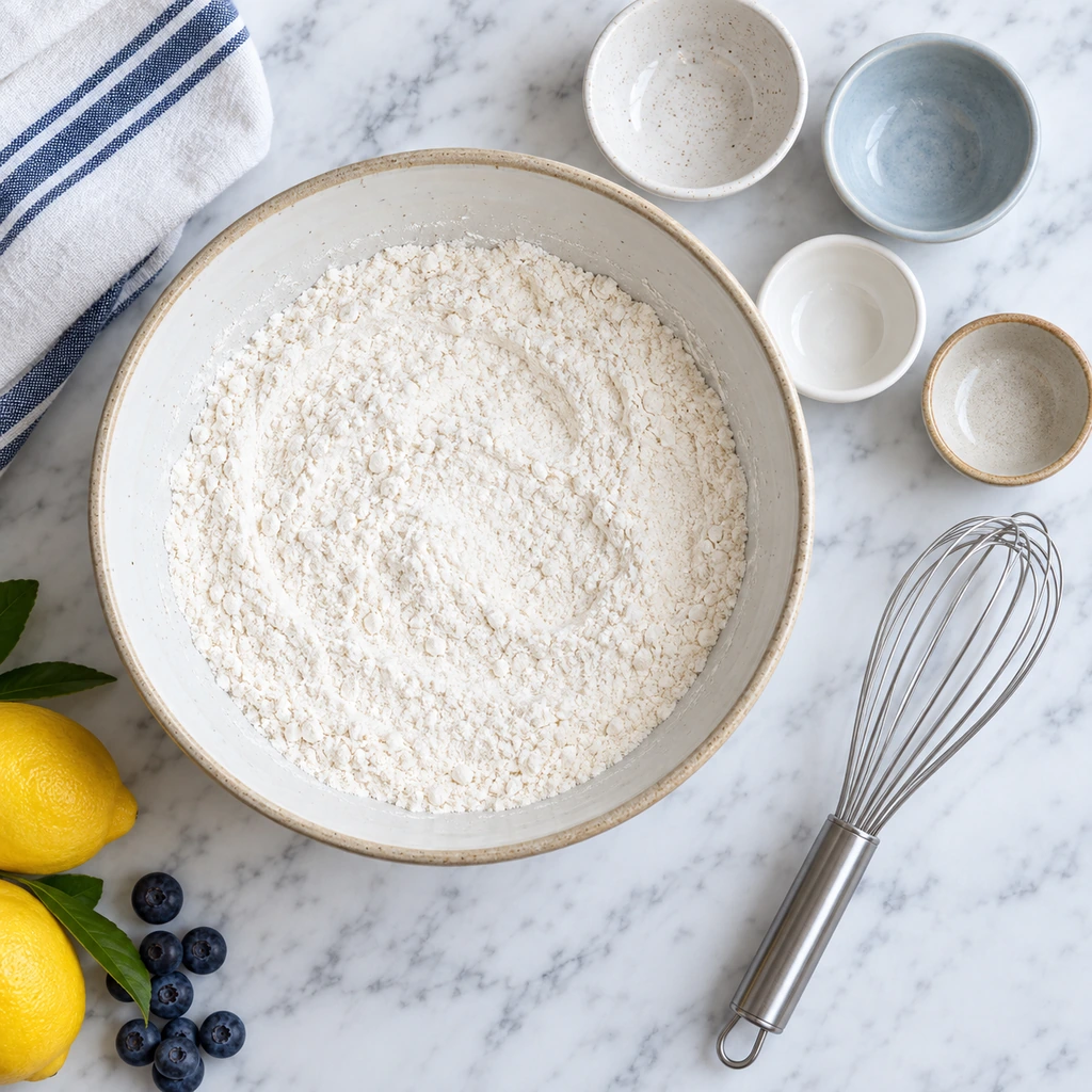 Evenly whisked flour, baking powder, baking soda, and salt in a ceramic bowl