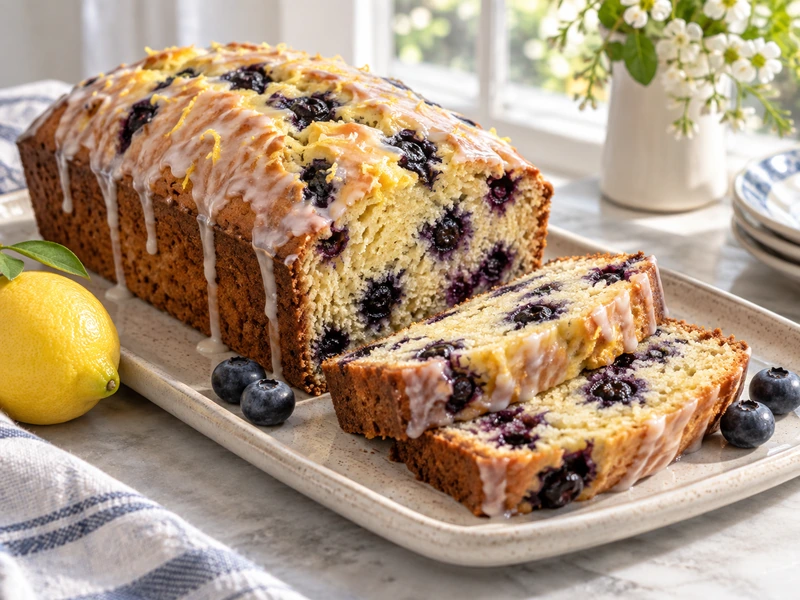 Glazed lemon blueberry bread with two slices on a ceramic platter