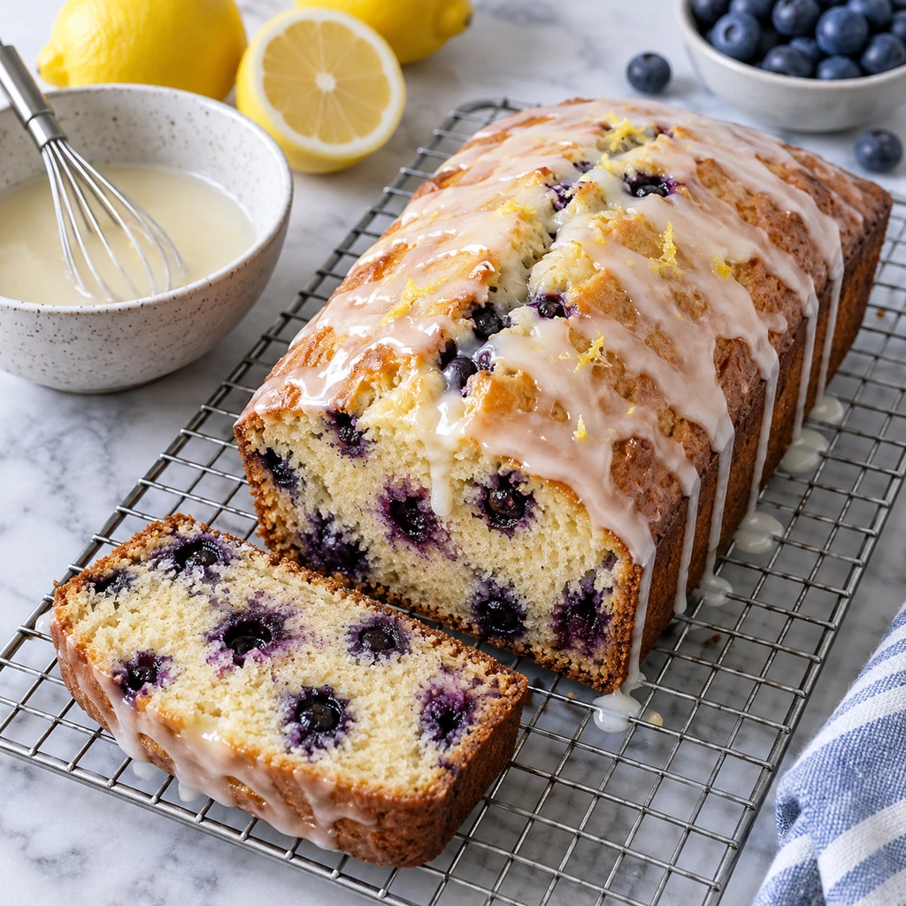 Cooled lemon blueberry loaf finished with a thin lemon glaze beside a bowl and whisk