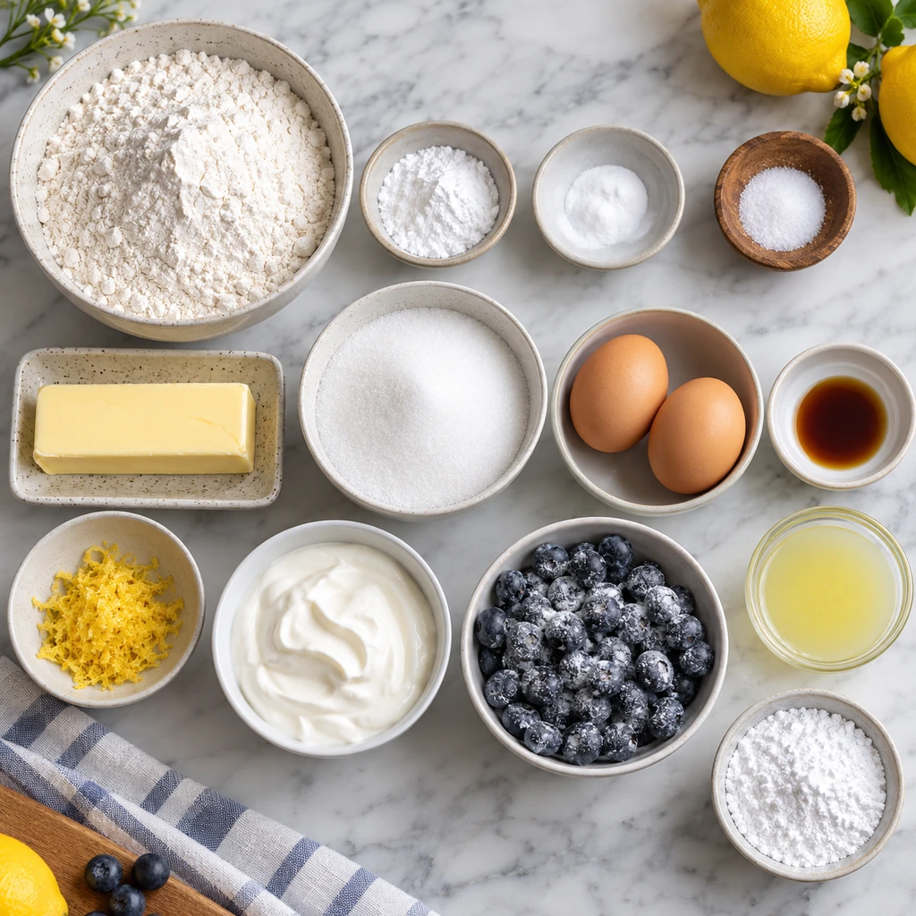 Flour, leaveners, butter, sugar, eggs, vanilla, lemon, sour cream, blueberries, and glaze ingredients arranged in bowls