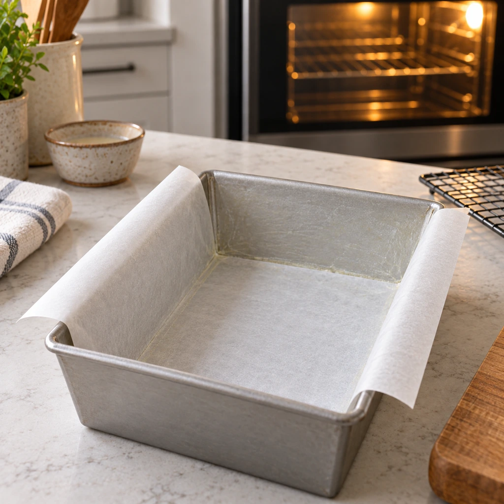A greased 9-by-5-inch loaf pan fitted with a parchment sling beside a preheating oven