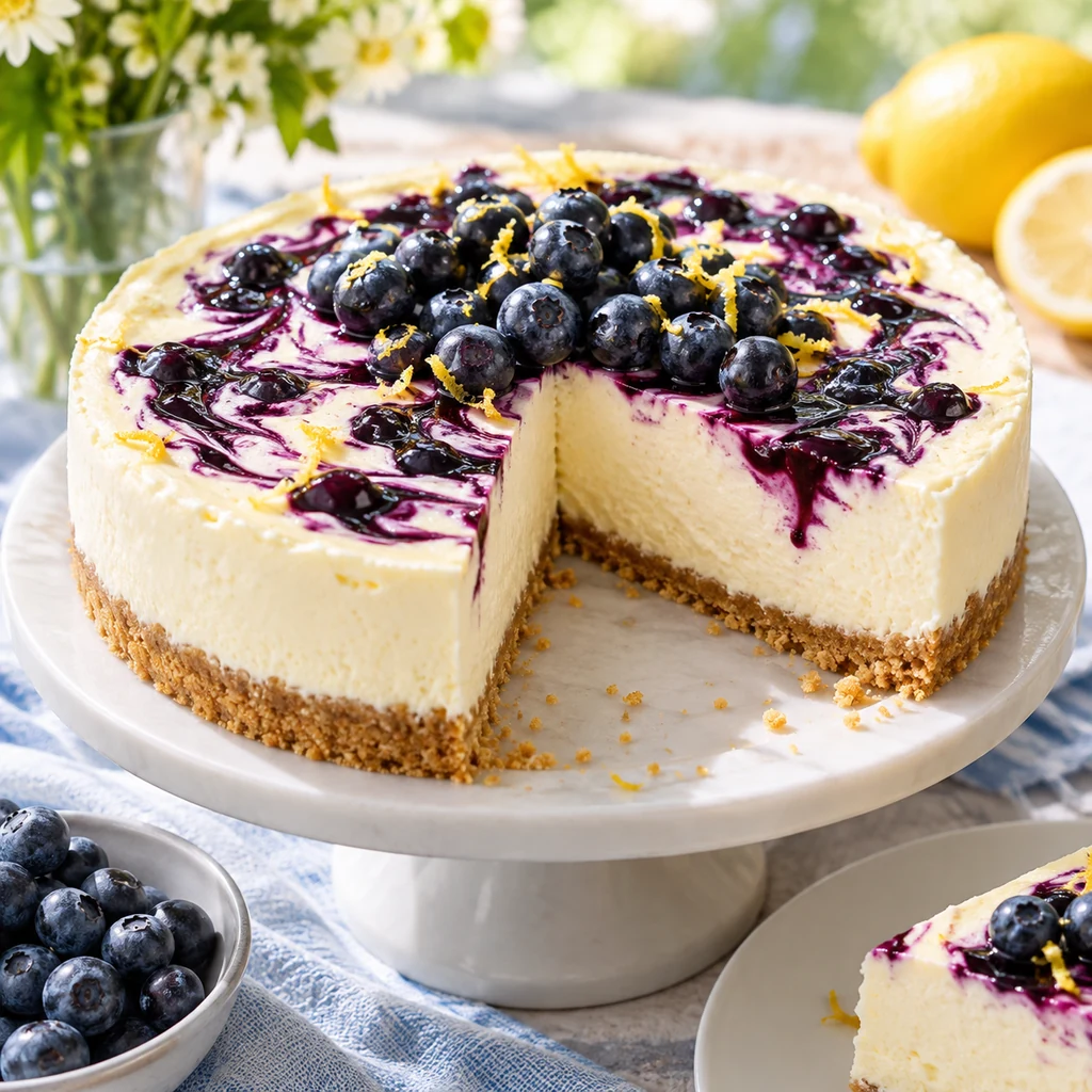 Lemon blueberry no-bake cheesecake with lemon zest