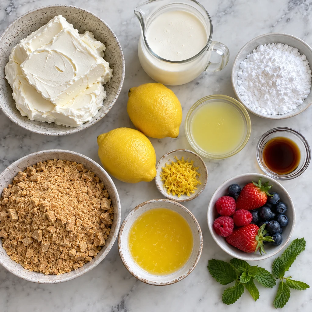Cream cheese, cream, sugar, lemons, biscuits, butter and berries for no-bake cheesecake cups