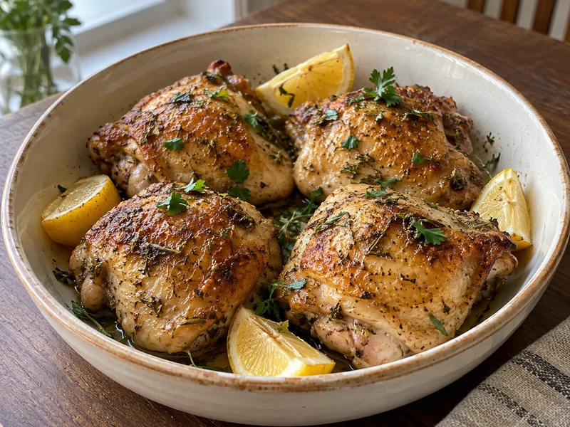 Four cooked golden lemon herb chicken thighs with lemon wedges and parsley