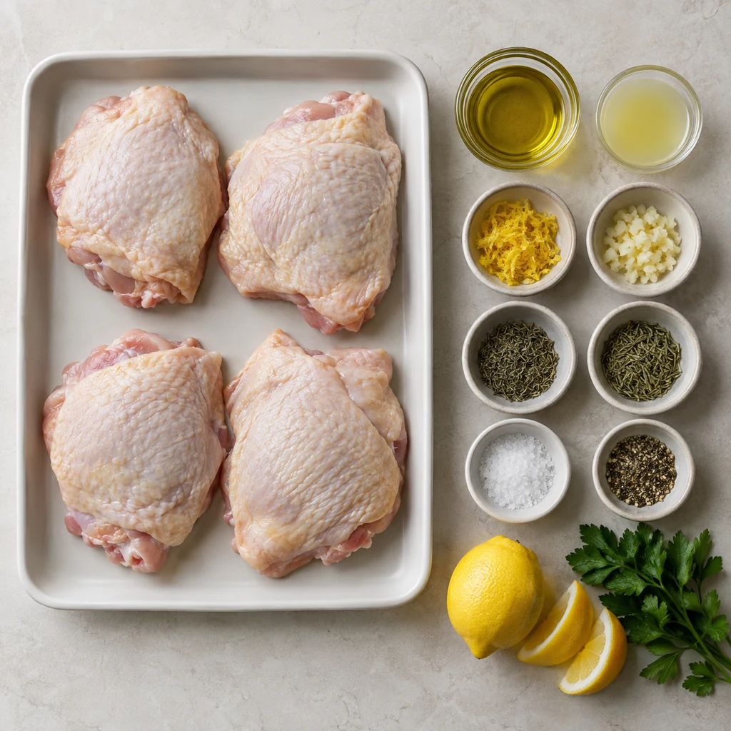 Four raw bone-in skin-on chicken thighs separately arranged with olive oil, lemon, garlic, dried thyme and rosemary, salt, pepper, and parsley