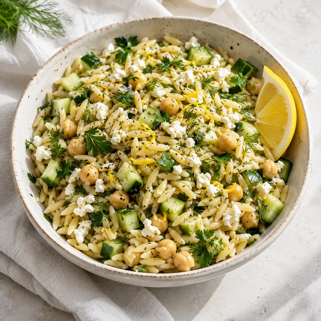 Lemon herb orzo salad with cucumber, chickpeas, feta, parsley, and dill.