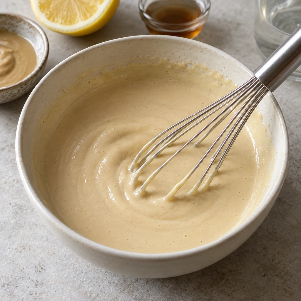 Tahini, lemon juice, maple syrup, and water being whisked into a creamy dressing in a small bowl