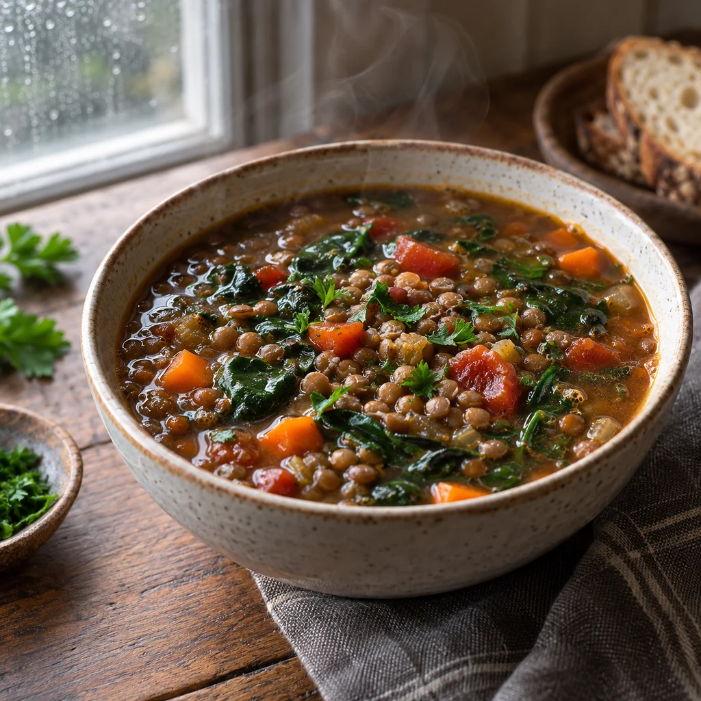 Chunky brown lentil soup with spinach, tomato, and carrots