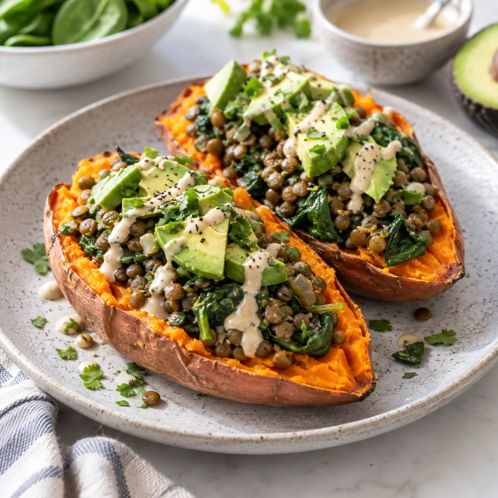 Baked sweet potatoes filled with lentils, spinach, avocado, and tahini sauce