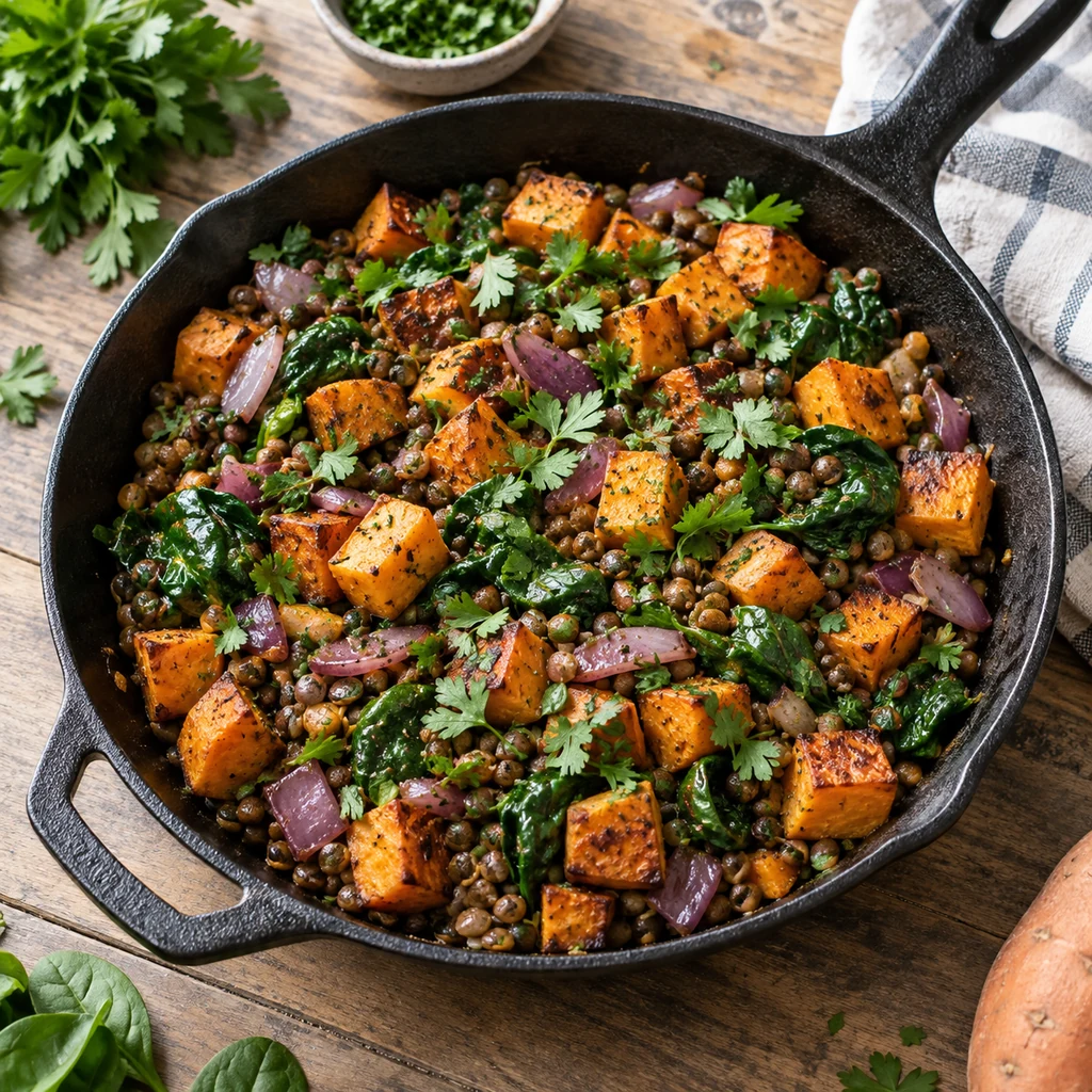 Lentil and sweet potato breakfast hash with spinach, onion, and parsley.