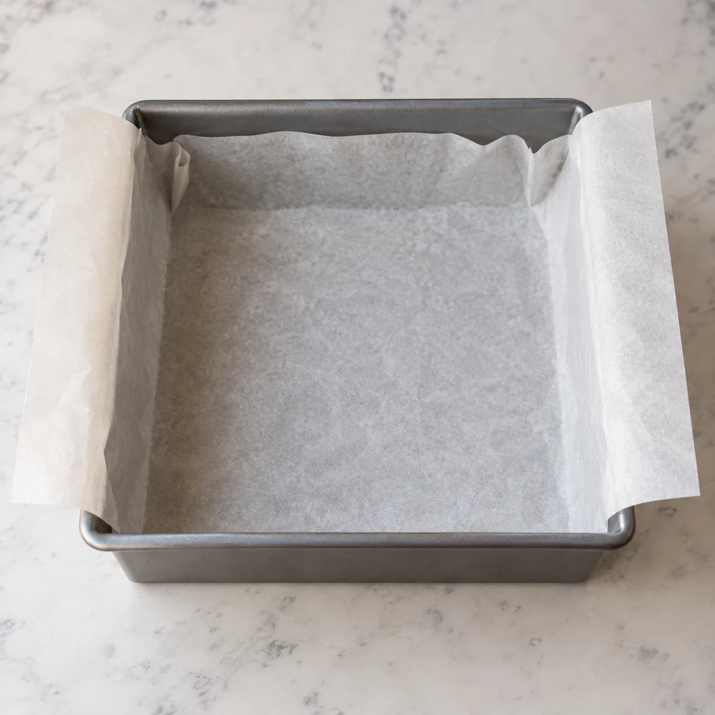Empty 8-inch square pan lined with parchment paper and two overhanging sides