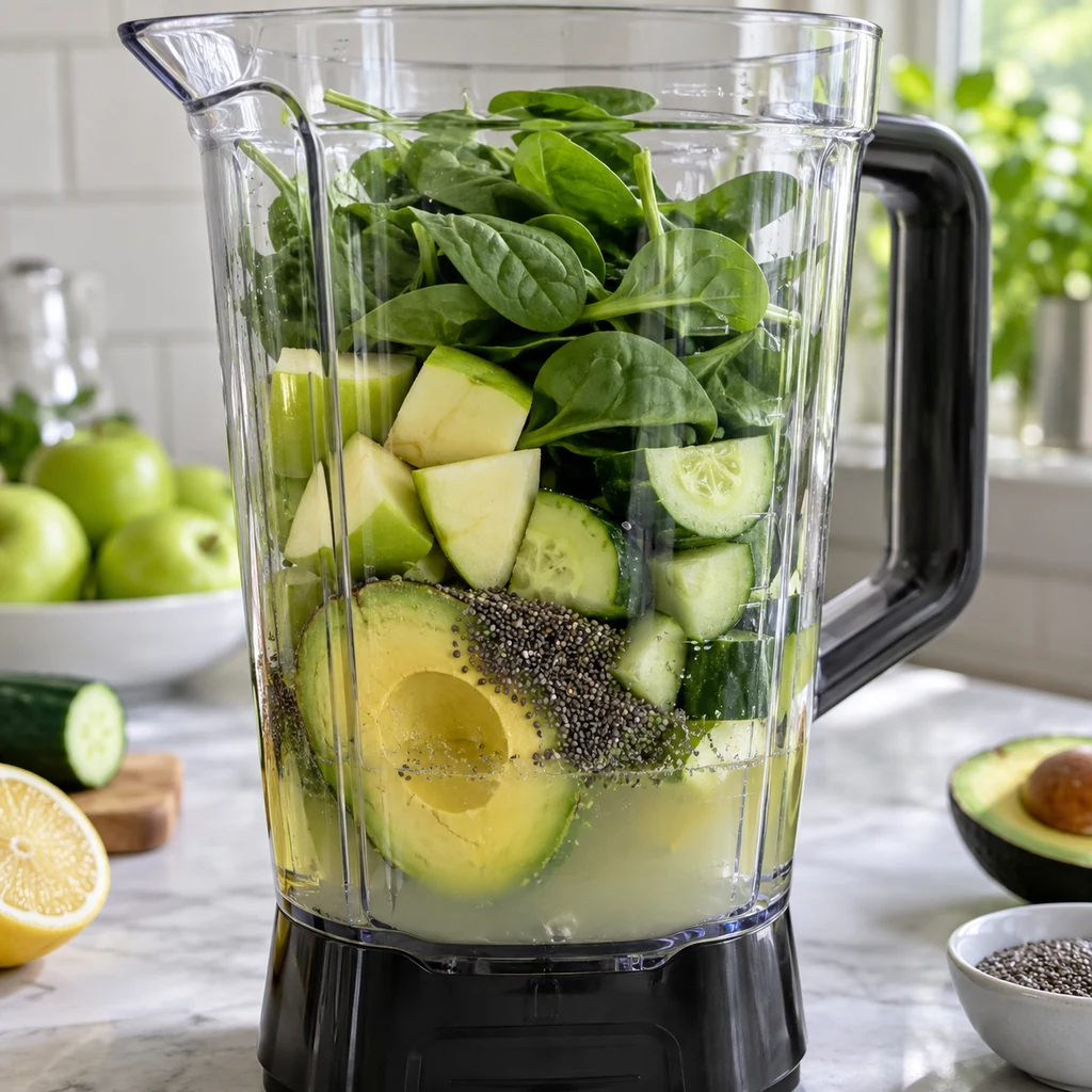 Spinach, green apple, cucumber, avocado, and chia seeds loaded in a blender with liquid