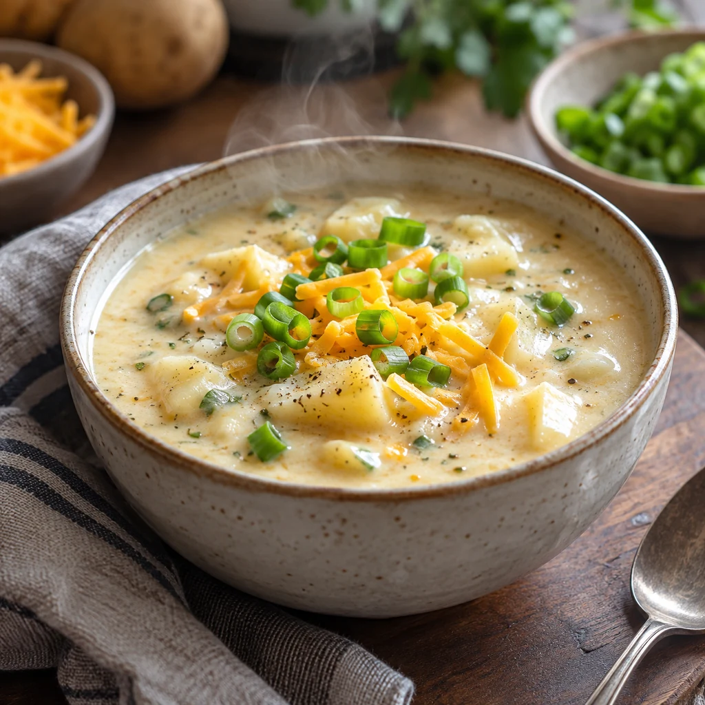 Creamy potato soup with tender potato pieces, cheddar, and scallions
