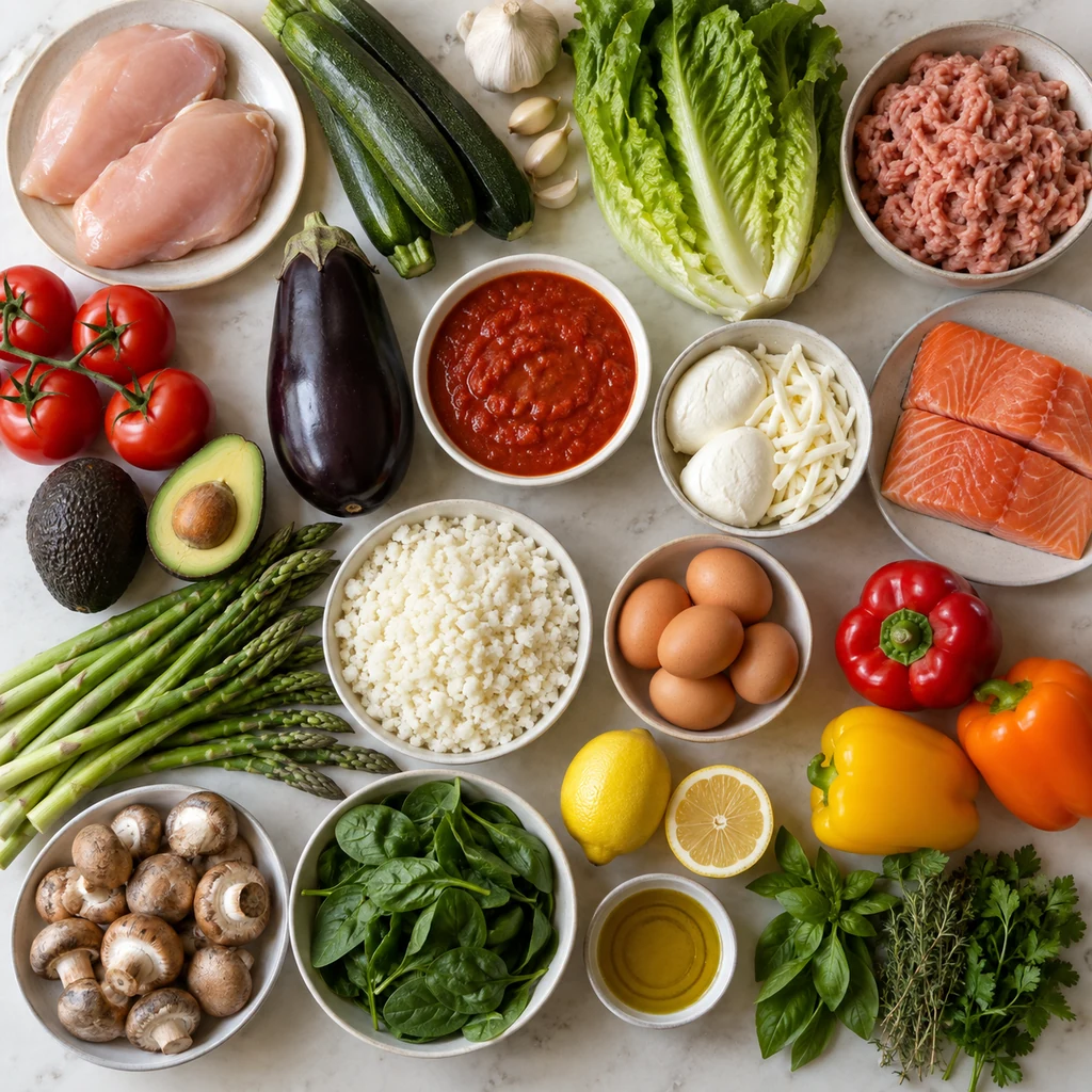 Chicken, salmon, vegetables, eggs, herbs, and pantry ingredients for low-carb dinners