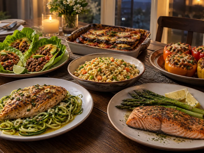 Six vegetable-forward low-carb dinner ideas arranged on a dining table.