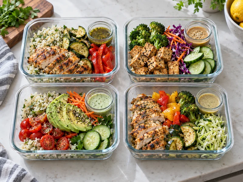 Four varied low-carb meal prep bowls with vegetables, chicken, tofu, and separate dressings.