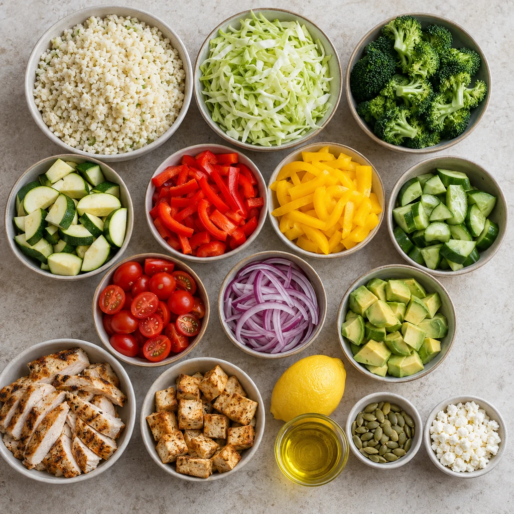 Cauliflower rice, cabbage, vegetables, chicken, tofu, lemon, olive oil, pumpkin seeds, and feta for meal prep bowls